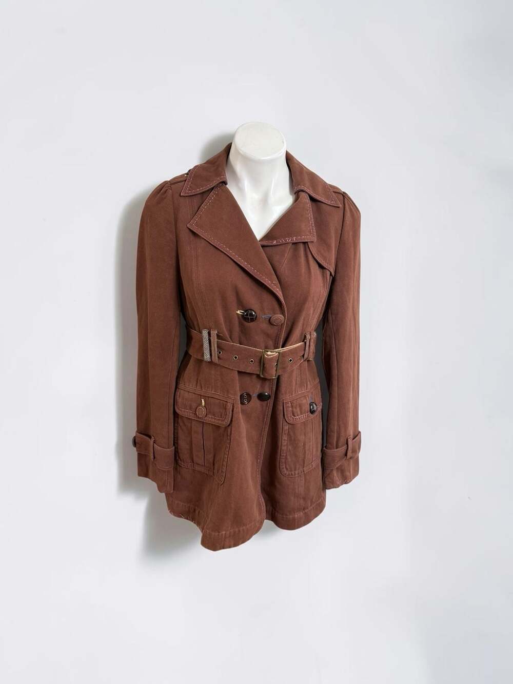 Ivy jane Brown Pea Coat Color Buttons Canvas Belted Womens Medium Fall Pocket